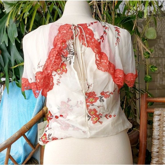 Vintage Tracy Reese 100% Silk Top Orange Flowers and Lace sz 8. New w/Tag - Picture 3 of 11